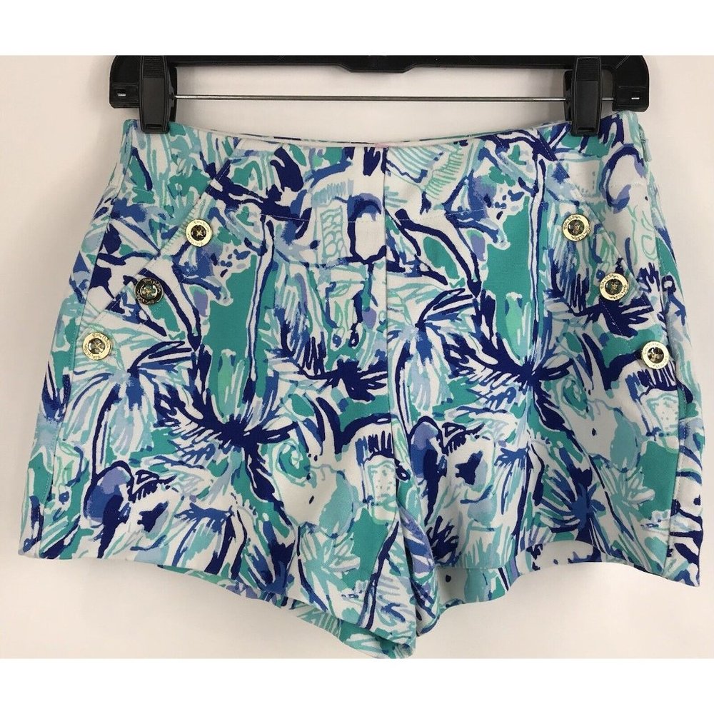 Lilly Pulitzer Marina Knit Short Tropical Turquoise Elephant‎ Gold Button Size 2